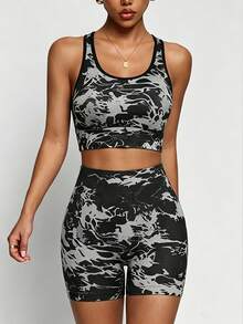 Women's Yoga Set, Racerback Sports Bra And High-Waisted Butt-Lifting Fitness Shorts, 2 Pieces Running Training Set With Chest Padding - Grey - View 6