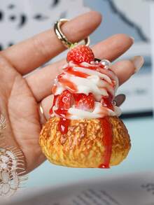 1Pc Artificial Strawberry Tart Cream Puff Cake Model Fake Food Keychain Realistic Dessert Charm Pendant Bag Cute Decoration - Multicolor - View 3