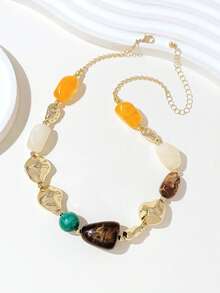 1pc Fashionable Retro Exaggerated Bohemian Style Thick Multicolor Acrylic Beaded Necklace For Women - Multicolor - View 3