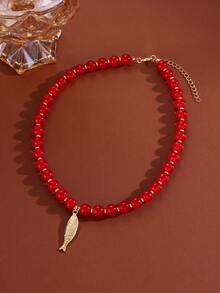 1pc Vintage Bohemian Style Exaggerated Handmade Acrylic Beaded Marine Life Flower Conch Fish Sun Pendant Necklace Set, Suitable For Women's Daily Wear, Beach Vacation, Date, Birthday Gift - Red - View 4