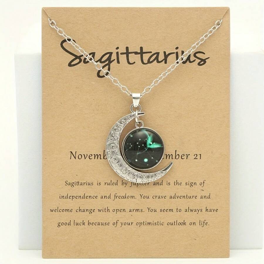 1 Retro Zodiac Moon Pendant Necklace That Glows In The Dark - Vintage Style, Zinc Alloy With Details, Adjustable Chain For Women - Ideal For Everyday Wear And Gifts - 射手座 - 查看 1