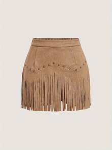 Falda tipo A de imitación de cuero marrón con borlas y tachuelas estilo hippie vintage para mujer - Negro - Ver 4