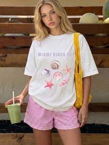 女款圓領寬鬆貝殼海星印花 MIAMI VIBES 圖案 T-shirt 夏季休閒海灘短袖上衣 - 白色 - 查看 1