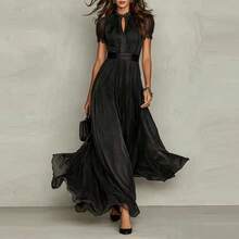 Elegant Women's Maxi Dress With Batwing Sleeves V Neck Contrast Lace And Button Details For Casual Style - 黑色 - 查看 5