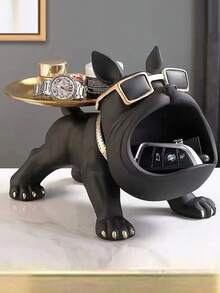 Juego de Decoración de Almacenamiento Bulldog Francés Negro - 1 Pieza - Estatua de Resina Elegante con Collar Dorado, Soporte para Gafas y Bandeja para Reloj - Adecuado para el Hogar, Oficina, Cafetería o Exhibición de Vacaciones - Regalo Ideal para Navidad y Año Nuevo - A - Ver 2