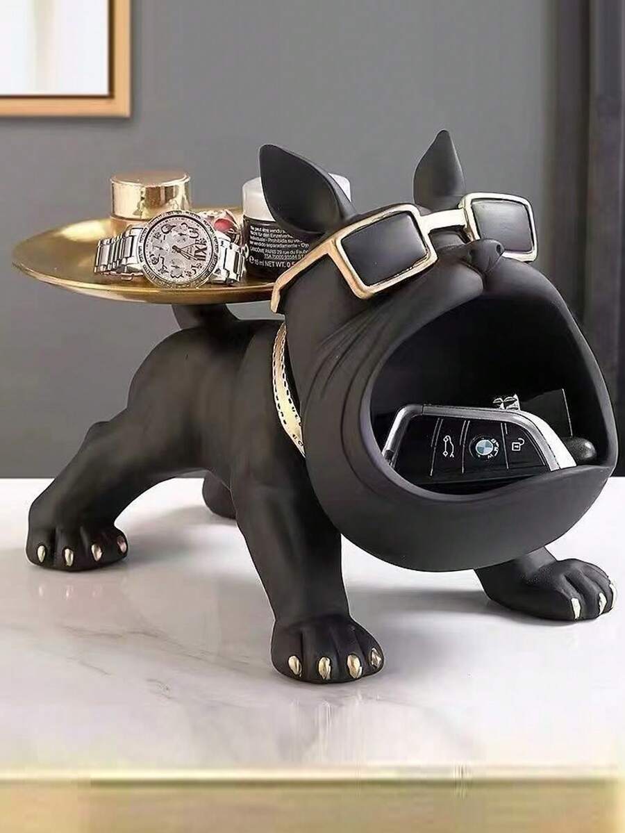 Juego de Decoración de Almacenamiento Bulldog Francés Negro - 1 Pieza - Estatua de Resina Elegante con Collar Dorado, Soporte para Gafas y Bandeja para Reloj - Adecuado para el Hogar, Oficina, Cafetería o Exhibición de Vacaciones - Regalo Ideal para Navidad y Año Nuevo