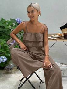 2 piezas Conjunto de top con volantes y pantalones de cintura alta con lazo, conjunto casual de 2 piezas, conjunto de verano para mujer, conjunt - Camel - Ver 11