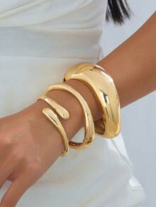 3 piezas de brazaletes de metal dorado con diseño geométrico hueco exagerado, brazaletes apilables de joyería adecuados para mujeres, uso diario, fiesta, vacaciones, regalo de joyería gruesa - Dorado - Ver 26