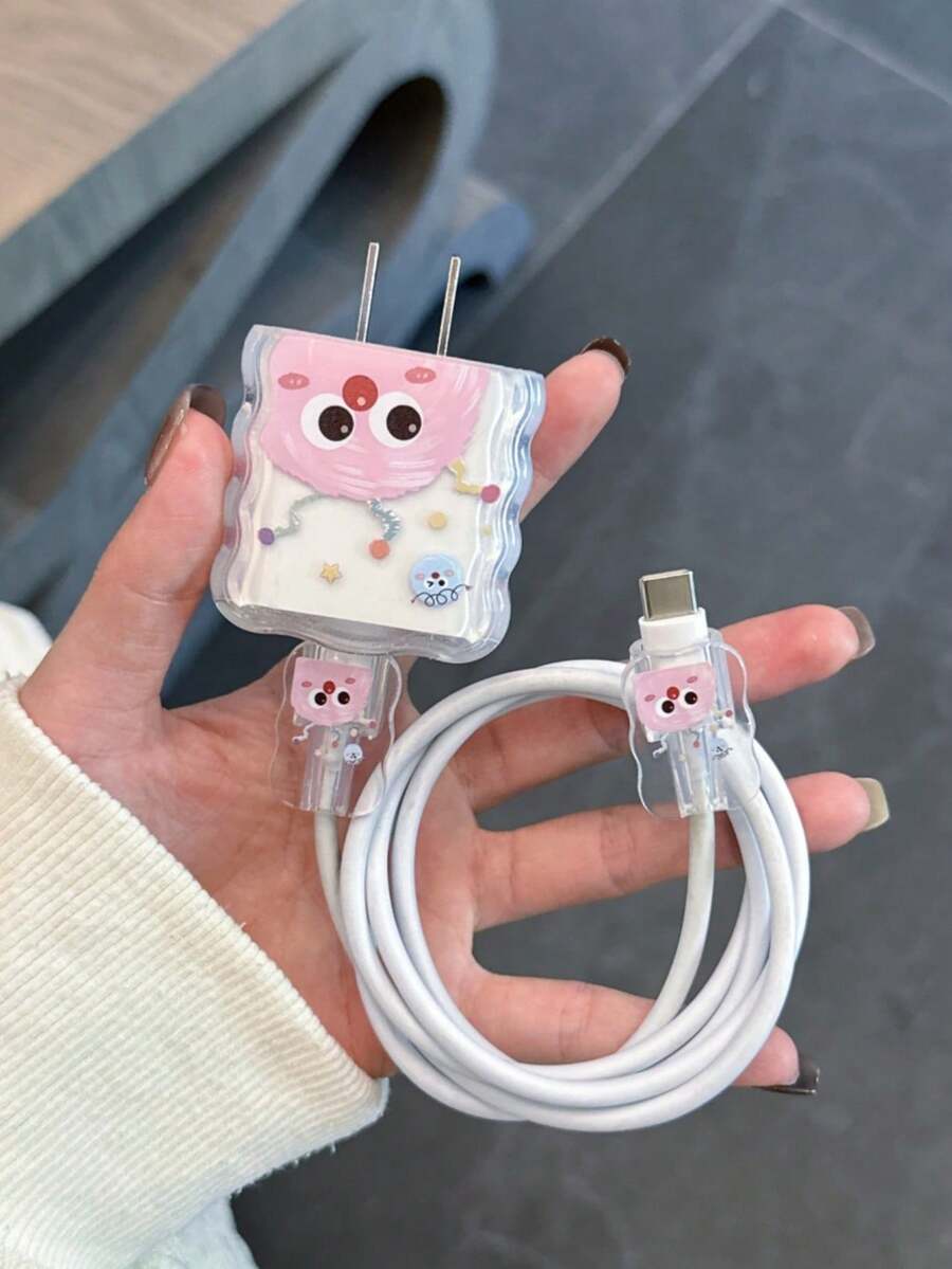 3piezas/Set Funda Protectora de Cable de Datos con Patrón de Cabeza de Animal, Compatible con Cargador Rápido Apple 20W del Reino Unido, Protector de Cargador Anti-Rotura - Multicolor - Ver 1