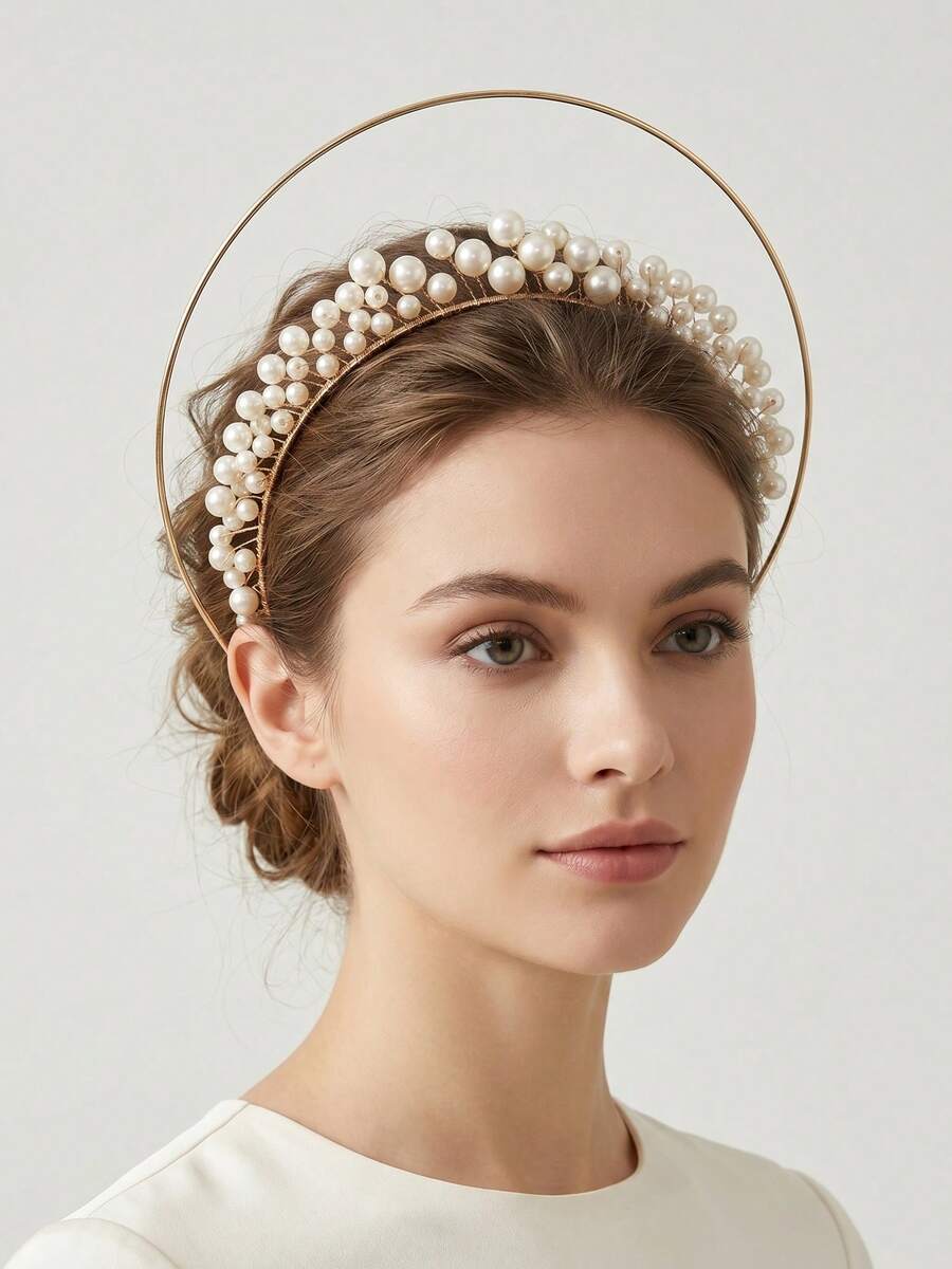 1pc Elegant Faux Pearl Decor Double Layer Halo Headband, Gold Wire Wrapped Angel Crown Bridal Tiara Hair Accessory For Wedding Masquerade Prom Party