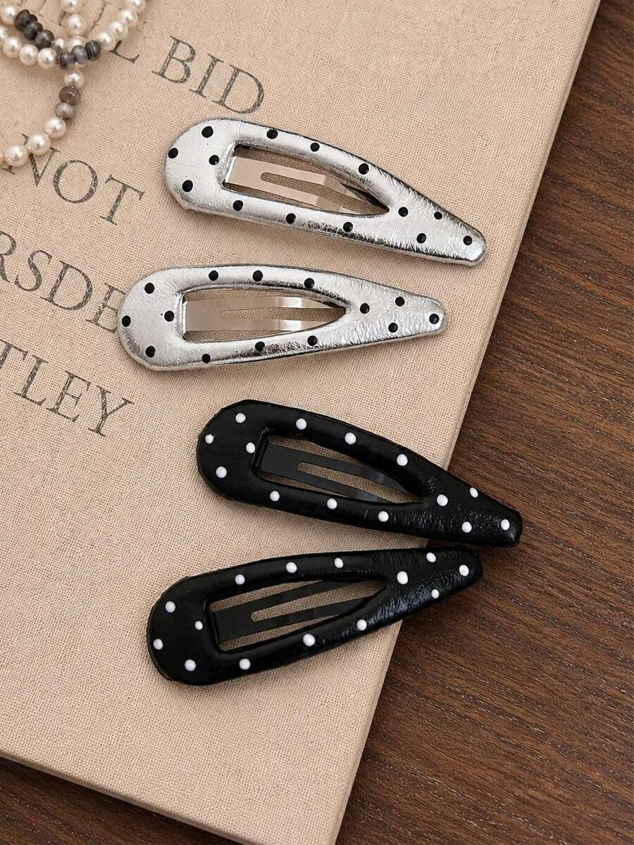 4 Piezas/2 Piezas Pinzas para el Cabello de Mujer de 7 Cm/2.76 Pulgadas con Diseño de Gota de Agua Hueca en Negro y Plateado con Lunares, Accesorios para el Cabello Elegantes y Simples para Flequillo Lateral, Adecuados para Uso Diario, Casual, Fiesta, Trabajo, Vacaciones, Maquillaje, Combinación de Atuendos, Pinzas para el Cabello de Primavera, Pinzas para el Cabello de Verano, Pinzas para el Cabello de Otoño, Pinzas para el Cabello de Invierno (Patrón de Lunares Aleatorio), Pasador para el Cabello - Multicolor - Ver 1