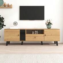 Elegance And Style: 170cm TV Stand In Wood And Black, Low TV Stand With Drawers, Multiple Storage Functions, Unique Appearance. - 自然色 - 查看 2