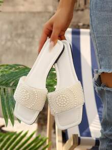Sandalias planas de lujo para mujer Primavera/Otoño 2024, tacón bajo antideslizante talla grande con pedrería, pantuflas sin cordones, diseño versátil - Blanco - Ver 2