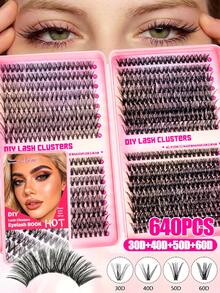 Large Capacity Eyelash Book 640pcs Soft D Curl Cluster False Eyelashes, Mixed 30D/40D/50D/60D 9-16mm, Fluffy Dense DIY Lash Extensions, Suitable For Beginners, Daily, Dramatic And Cosplay Makeup - Black - View 3