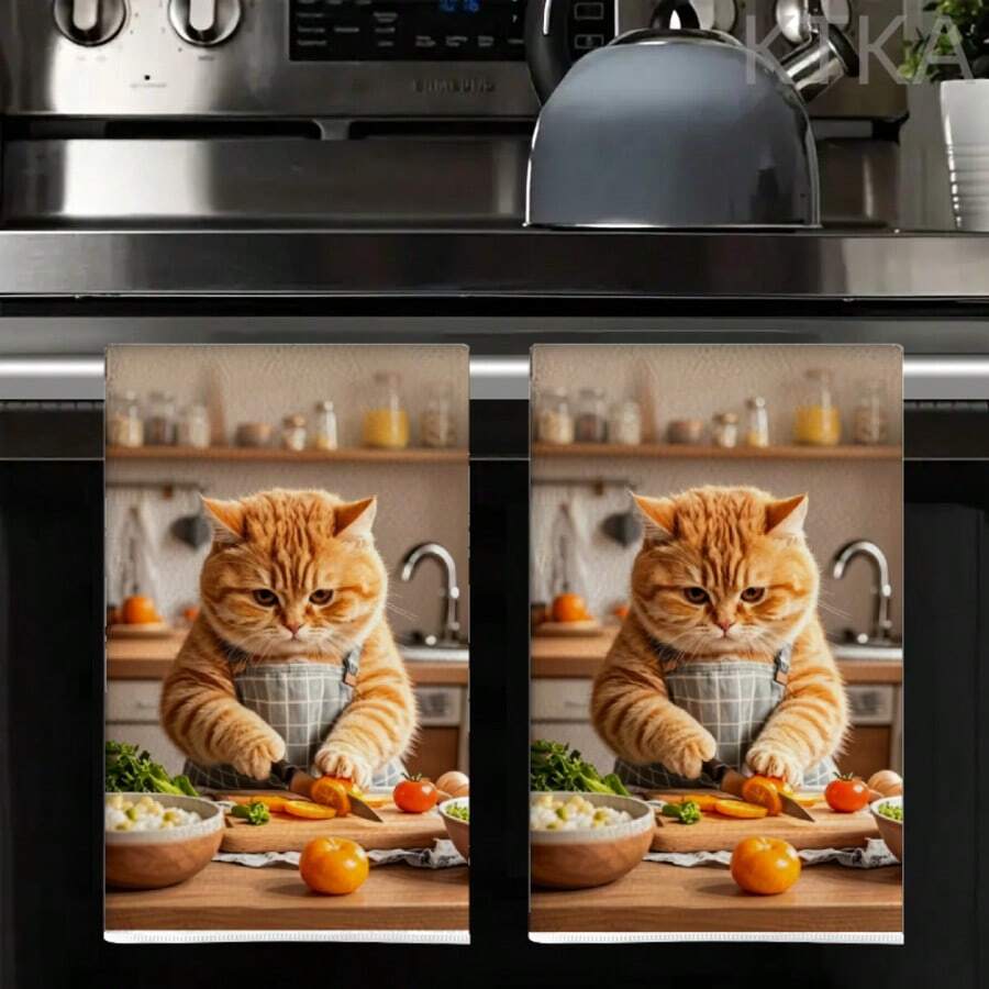2pcs Chef Cat Print Kitchen Towels, 16x24 Inches, Machine Washable And Reusable, Absorbent Cleaning Cloth For Baking And Cooking, Kitchen Accessories, Housewarming Gift