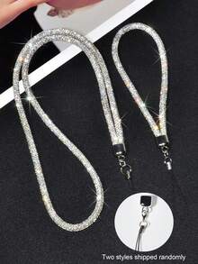 1 Set Luxury Rhinestone Lanyard Necklace Strap, Shiny Silver Bling Phone Hanging Cord, Fashion Rhinestone Phone Case & Bag Decor Chain - Silver Neck Strap + Short Rope - View 12