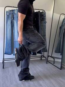 Men's Jeans Flared Jeans Men's Jeans Flared Pants Flared Pants Men's Skinny Pants Men's Slim Fit Pants, Distressed Flared Pants Patchwork Flared Pants - Black - View 2