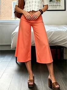 Fold Over Wide Leg Capri Pants For Women Low Rise Lounge Yoga Flare Culottes Y2k Flowy Crop Palazzo Pants - 橘色 - 查看 3
