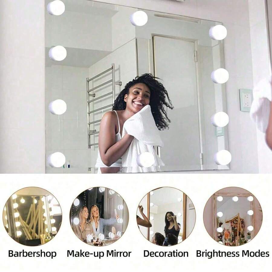 Led Vanity Lights For Mirror, With 10 Dimmable Bulbs, 3 Color Modes Can Be Adjusted Freely, USB, Stick-On Installation, Lady Beauty Makeup Light For Vanity For Makeup Vanity Table & Bathroom Mirror - Spherical - View 1