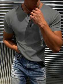 Men's Solid Color Button Half-Placket Casual Versatile T-Shirt - Grey - View 3