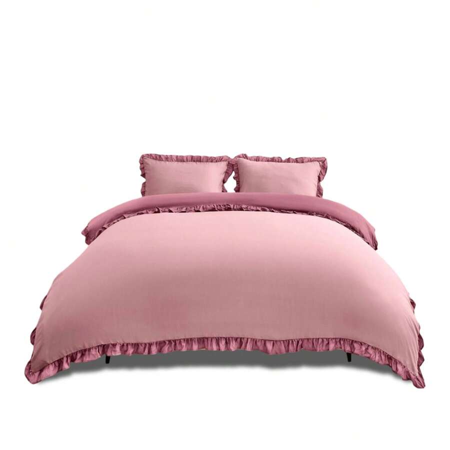 VELVETIO Luxury Kendrick Frill Duvet Cover Set Reversible Bedding Set Soft Smooth Lightweight Microfiber Polyester With Matching Pillow Cases Elegant Ruffle Edge Plain Design Single Double King - Baby Pink/Dusky Pink - View 1