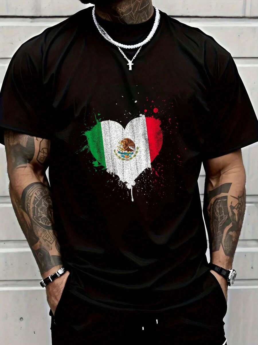 2026 Women's Blouses 100% Cotton, T-Shirt With Mexican Heart Design, Mexican Flag, Heartbeat, EKG, Pulse, Mexican Pride, Graphic T-Shirt For Women And Men - 藍白色 - 查看 1
