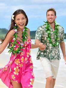 Hawaiian Lei Necklace Bulk Pack, Hawaiian Lei Headpiece Set, Tropical Style Hawaiian Lei Necklace, Tropical Artificial Flower & Leaf Lei, Luau Party Decor, Beach Party Supplies, Birthday Decoration, Wedding Decoration (Random Color) - Multiple Styles - View 2