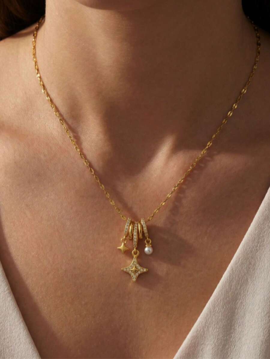 1pc Fashionable Elegant Faux Pearl Star Pendant Necklace, Luxury Design Sense Women's Collarbone Chain, Versatile Style - Multicolor - View 1
