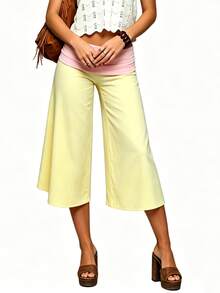 Women 's Fold Over Lounge Capris Wide Leg Low Rise Cropped Gaucho Pants Solid Color Flowy Pajama Bottom - 黃色 - 查看 3