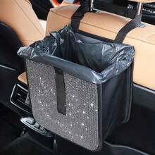 1pc Sparkling Rhinestone Car Back Seat Trash Can, Hanging Car Garbage Bin, Portable Multi-Functional Car Storage Organizer Bag, Suitable For Vehicle Interior - Multicolor - View 7