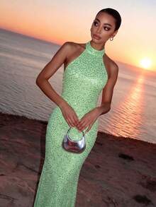 Vestido elegante y brillante sin espalda para mujeres, para ocasiones románticas, de fiesta, boda, graduación y eventos formales de primavera - verde menta - Ver 7