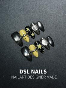 10pcs Handmade Y2K Press-On Nails, Black Silver Metallic & Yellow Spotted Base With Hand-Painted Stars & Silver Metallic Decor, Cool Street Style For Party, Wedding, Daily Wear, Includes Tool Kit, Unique Gift For Women And Girls - Multicolor - View 2