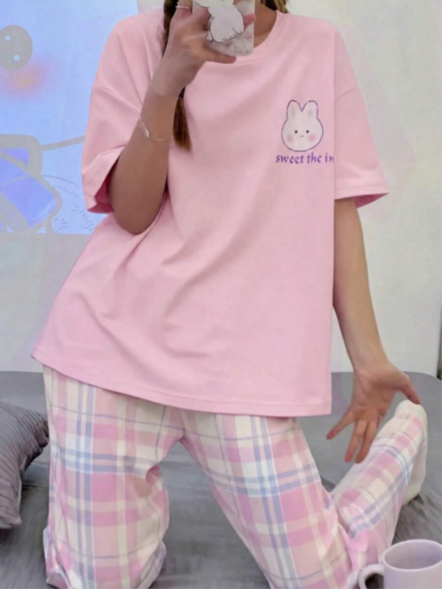 Conjunto de camiseta de manga corta y pantalones largos de verano para adolescentes, cuello redondo, estampado de conejo de dibujos animados - Rosa - Ver 1