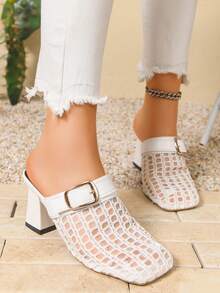 1 Pair Solid Color Elegant Casual PU Leather Buckle Slip-On High Heel Sandals For Outdoor And Indoor Summer Wear - White - View 6