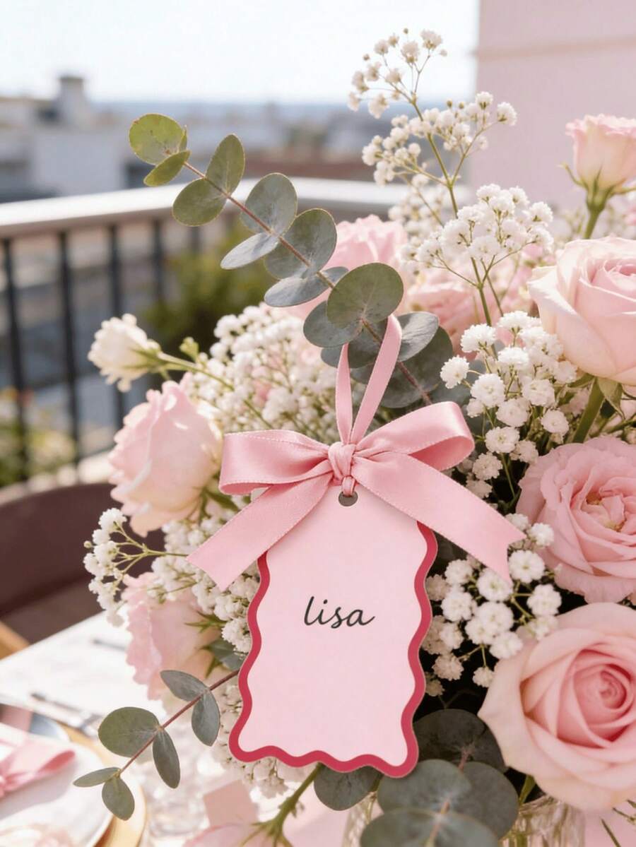 6/25/50Pcs Scallop-Shaped Name Cards With Ribbons, Handwriteable Table Place Cards For Wedding, Birthday, Engagement Dinner, Anniversary & Business Banquet, DIY Gift & Table Setting Decorations For Party Celebration - View 1