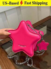 New Fashion Classic Cute Solid-Color PU Waterproof Fabric Alphabet Pattern Decorative Design Star-Shaped Special-Design Bag Metal Chain Crossbody Bag - 玫紅色 - 查看 1