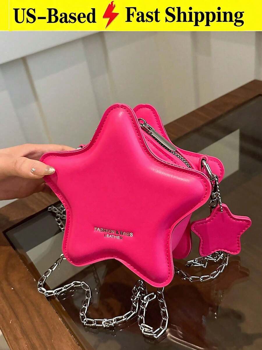 New Fashion Classic Cute Solid-Color PU Waterproof Fabric Alphabet Pattern Decorative Design Star-Shaped Special-Design Bag Metal Chain Crossbody Bag - 玫紅色 - 查看 1