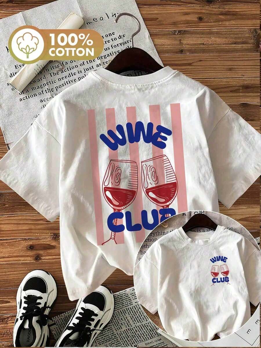 2026tops [Double-Sided Printing] Spring And Summer Fashion Casual Women's T-Shirt With Cartoon Design, Top Print And <<WINE>>, Crew Neck - White - View 1