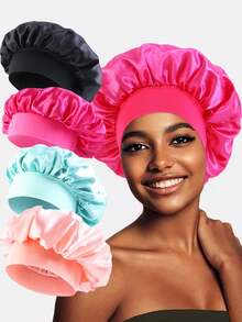 12 Stücke Damen Schlafhaube/Haarturban mit 30cm Durchmesser, mehrfarbig, aus Satin mit breitem Rand, geeignet für den täglichen Gebrauch - Verschiedenfarbig - Übersicht 30