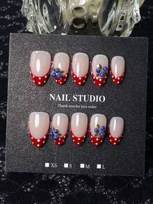 10pcs Summer Handmade Press-On Nails, Short Almond Shape, Nude Coffee Base Color, Red Base With White Dot French Tips, 3D Blueberry Decor, Energetic Sweet Style, Fresh Versatile Design, Comes With Nail Tool Kit, Quick Application And Removal - Red - View 1