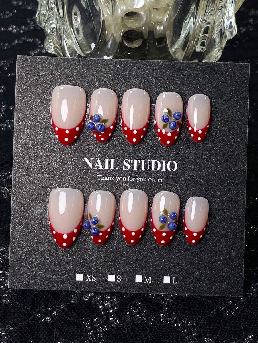 10pcs Summer Handmade Press-On Nails, Short Almond Shape, Nude Coffee Base Color, Red Base With White Dot French Tips, 3D Blueberry Decor, Energetic Sweet Style, Fresh Versatile Design, Comes With Nail Tool Kit, Quick Application And Removal - Red - View 1
