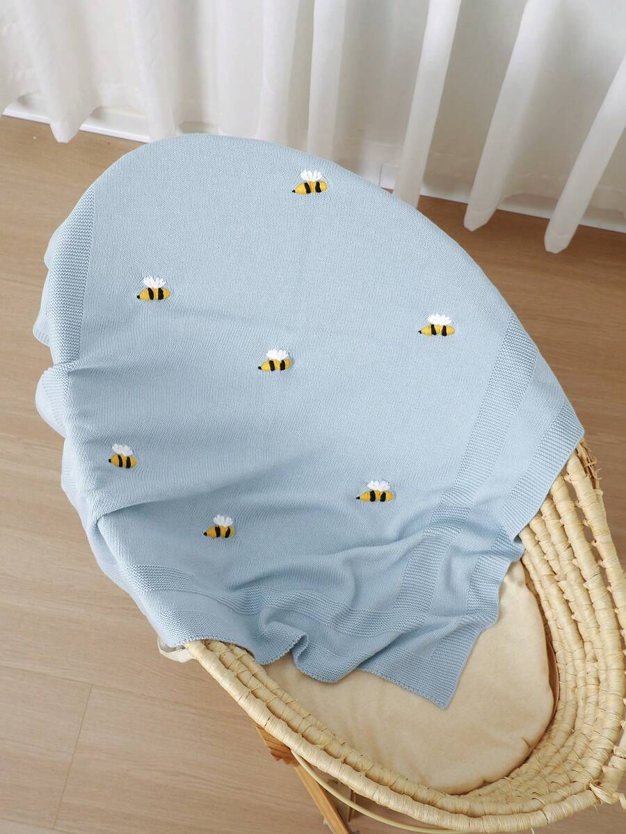 1件嬰兒針織毯 可愛小蜜蜂刺繡 休閒簡約 嬰兒毯 全季節適用 - 淺藍 - 查看 1