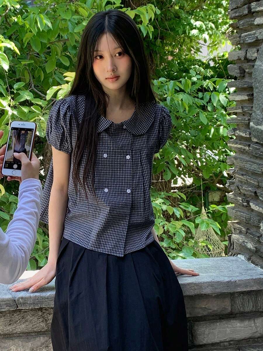 Peter Pan Collar Plaid Short Sleeve Shirt Summer - Navy Blue - View 1