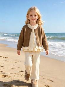 WUHUANG YIYI 2pcs/Set Girls Cute 2-In-1 Hem Design Two-Tone Sweater Cardigan And Loose Pants Set, Casual Outfit For Autumn/Winter - Coffee Brown - View 12