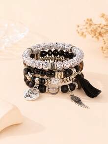 4 piezas Pulseras de niña estilo bohemio con cristal, bloques de color, hoja de turquesa, aleación y borlas multicapa - Multicolor - Ver 7