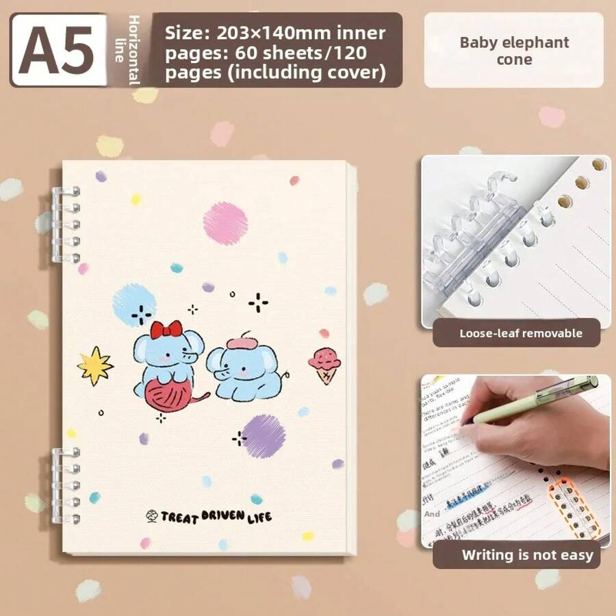 Loose-Leaf Notebook With Cartoon Design For Students, Thick Waterproof Cover, Ink-Resistant Index Pages, Stationery Journal Binder - Beige - View 1