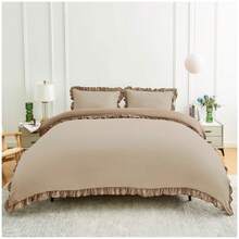 VELVETIO Luxury Kendrick Frill Duvet Cover Set Reversible Bedding Set Soft Smooth Lightweight Microfiber Polyester With Matching Pillow Cases Elegant Ruffle Edge Plain Design Single Double King - Natural/Dark Natural - View 3