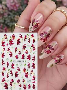 FULL BEAUTY 2pcs Burgundy Flower Vines Leaf Nail Art Stickers Red Elegant Watercolor Floral Petal With Gold Line Spring Summer Nail Decals Wedding Nail Supplies Nail Charms Decorations - Multicolor - View 7