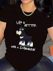 Blusa de Verano de Algodón Puro Cuello Redondo Manga Corta Estampado de Schnauzer con Frase La Vida Es Mejor Con Un Schnauzer Top Casual Cómodo para Amantes de Perros camisas de mujer - Negro - Ver 3