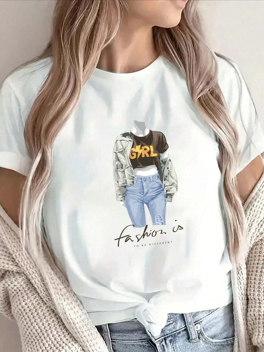 Women's Short-Sleeve Graphic Print T-Shirt, A Stylish, Comfortable, And Elegant Outfit. Plus-Size Women's Short-Sleeve Graphic Print T-Shirt With A Crew Neck. - 白色 - 查看 1